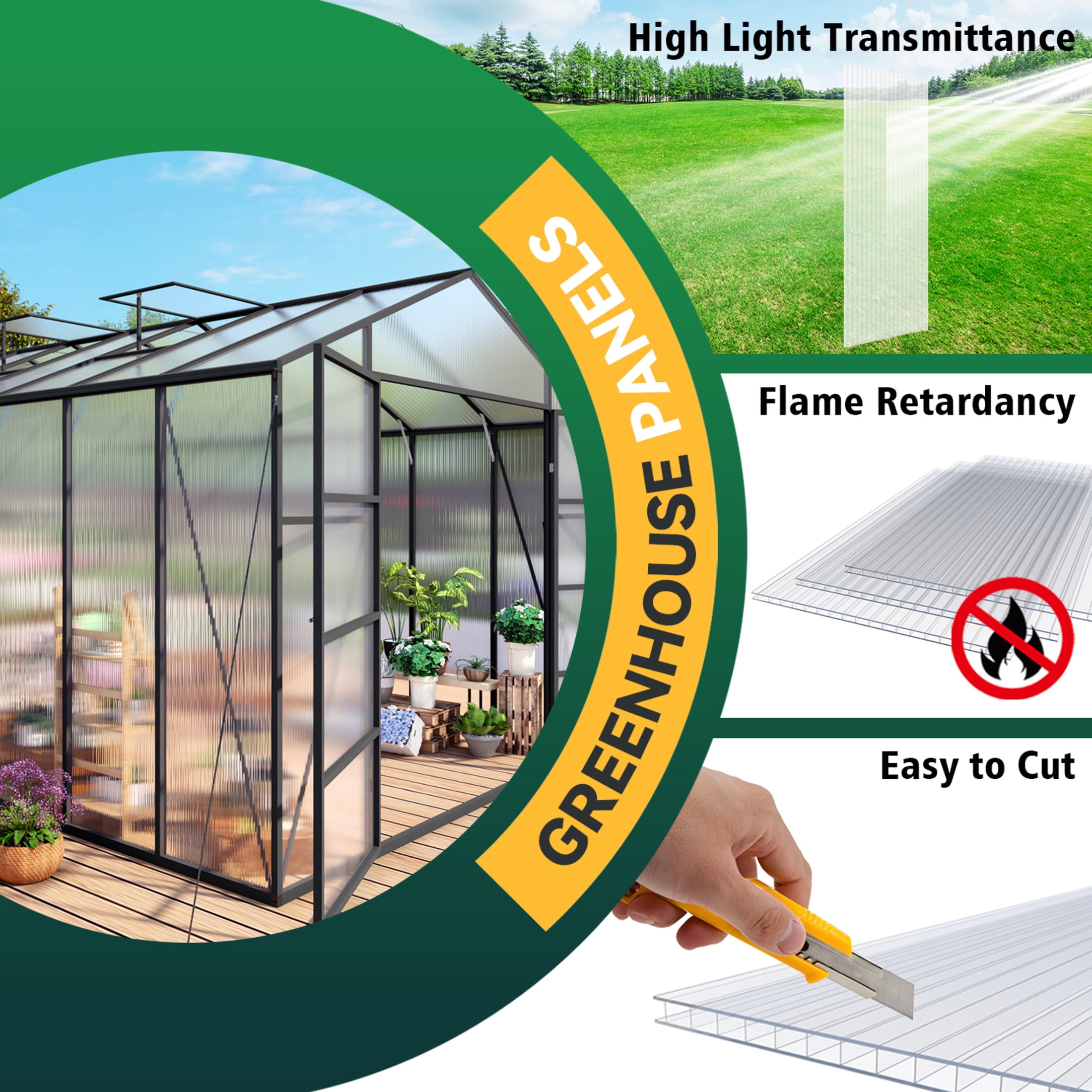 Noble House 10 Pack Twin-Wall Polycarbonate Greenhouse Panels, 4' x 2' UV-Protected Sheets, Transparent