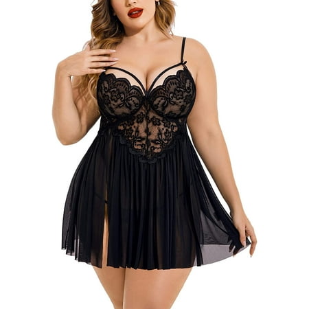 Avidlove Plus Size Lingerie Womens Strap Lace Chemise Nightgown V Neck Nighty Mesh Sleepwear Side Slit Nightdress