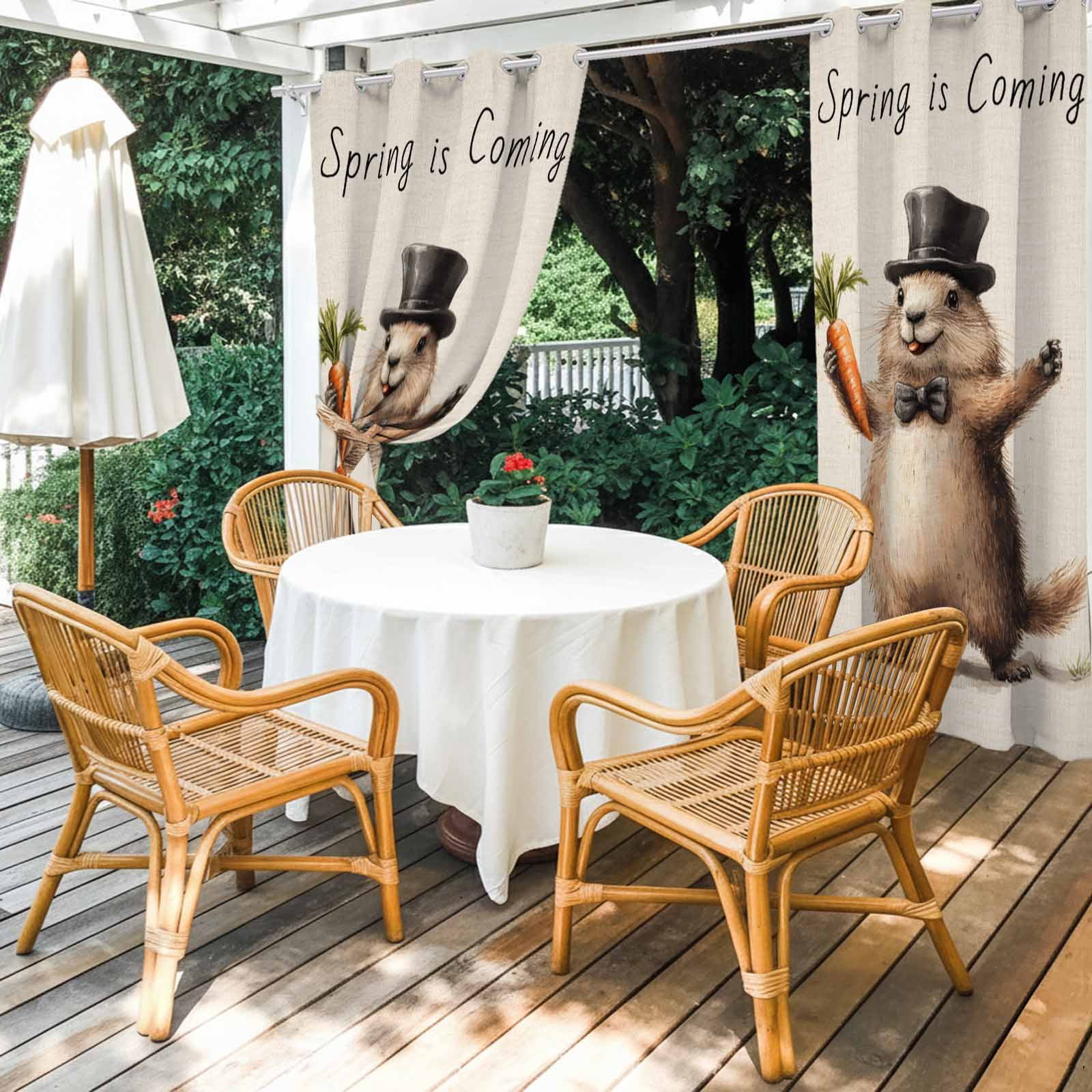 Outdoor Curtains for Patio Waterproof, Happy Groundhog Day Windproof Pravicy Outside Porch Blackout Curtain, Spring Party Pastoral Carrot Sun Blocking Grommets Curtains for Cabana Gazebo 54"x108"