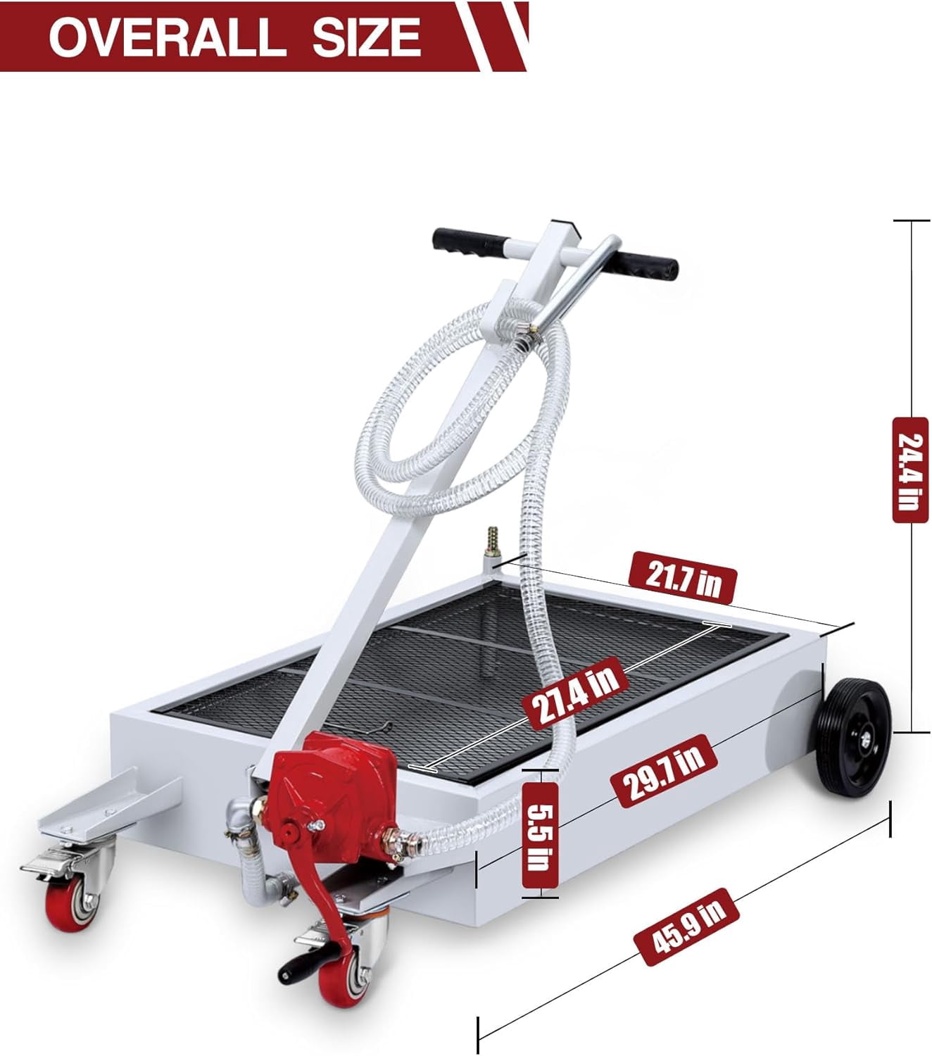 15 Gallon Oil Drain Pan with Pump & 8 Ft Hose, T Folding Handle & Low Profile Rolling Oil Drain Cart for Truck Cars SUVs, Metal