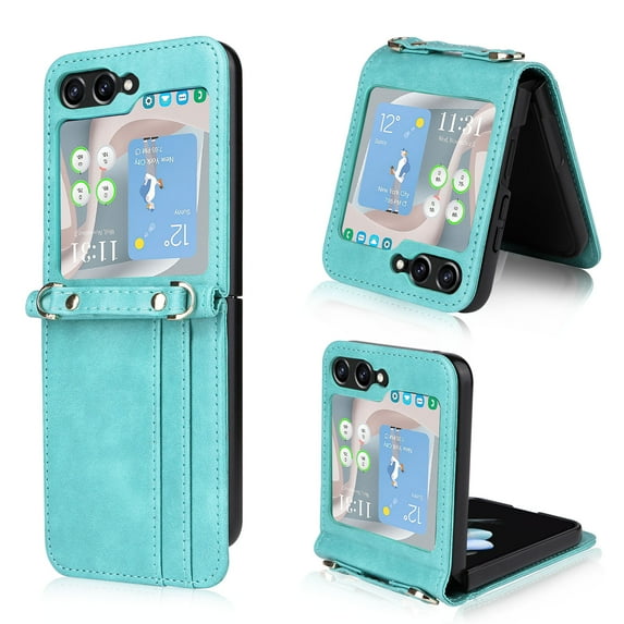 Slim Wallet Case for Samsung Galaxy Z Flip 5 (2023), Adjustable Crossbody Strap Premium PU Leather + Hard PC Folding Cover with Card Holder Slots for Samsung Galaxy Z Flip 5 5G, Green
