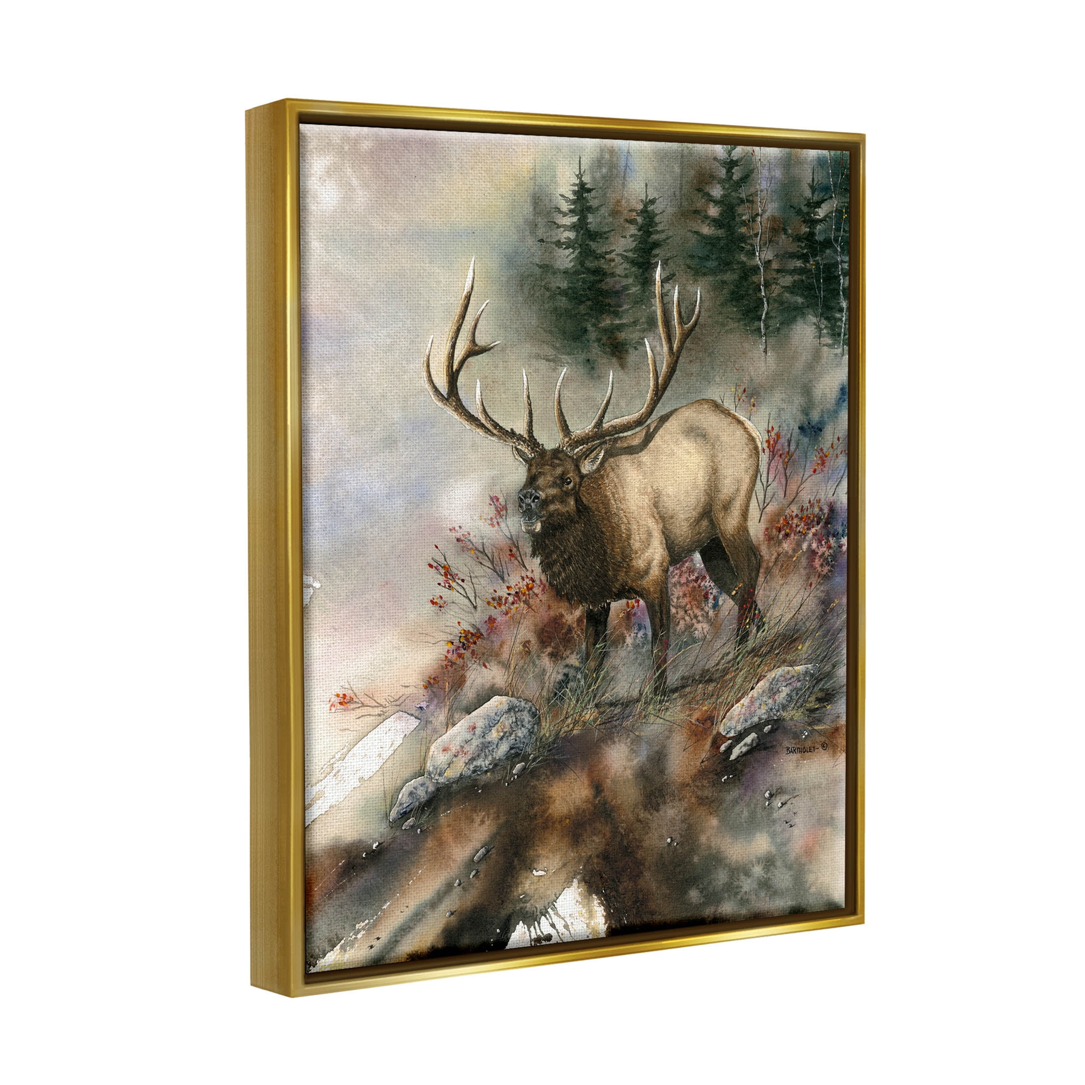 Elk Woodland Slope Clearing Animals & Insects Graphic Art Metallic Gold Framed Art Print Wall Art