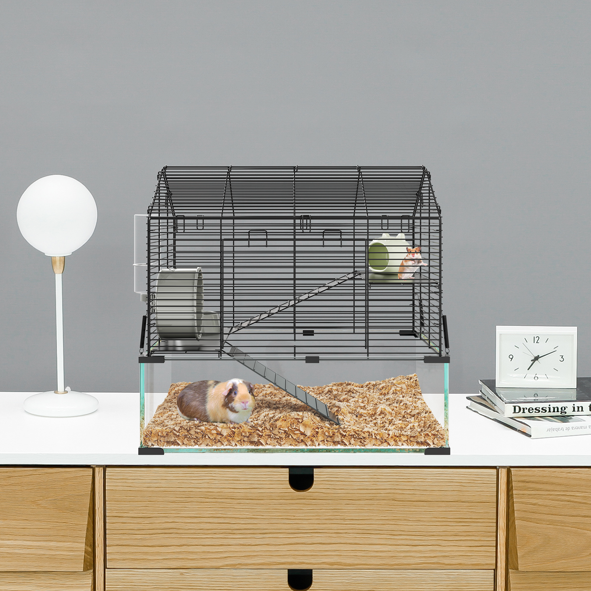 Metal Hamster Cage, Transparent Hamster Habitats and 4PCS Cage Accessories, with Water Bottle for Rats, Hamsters & Hedgehogs, Guinea Pigs