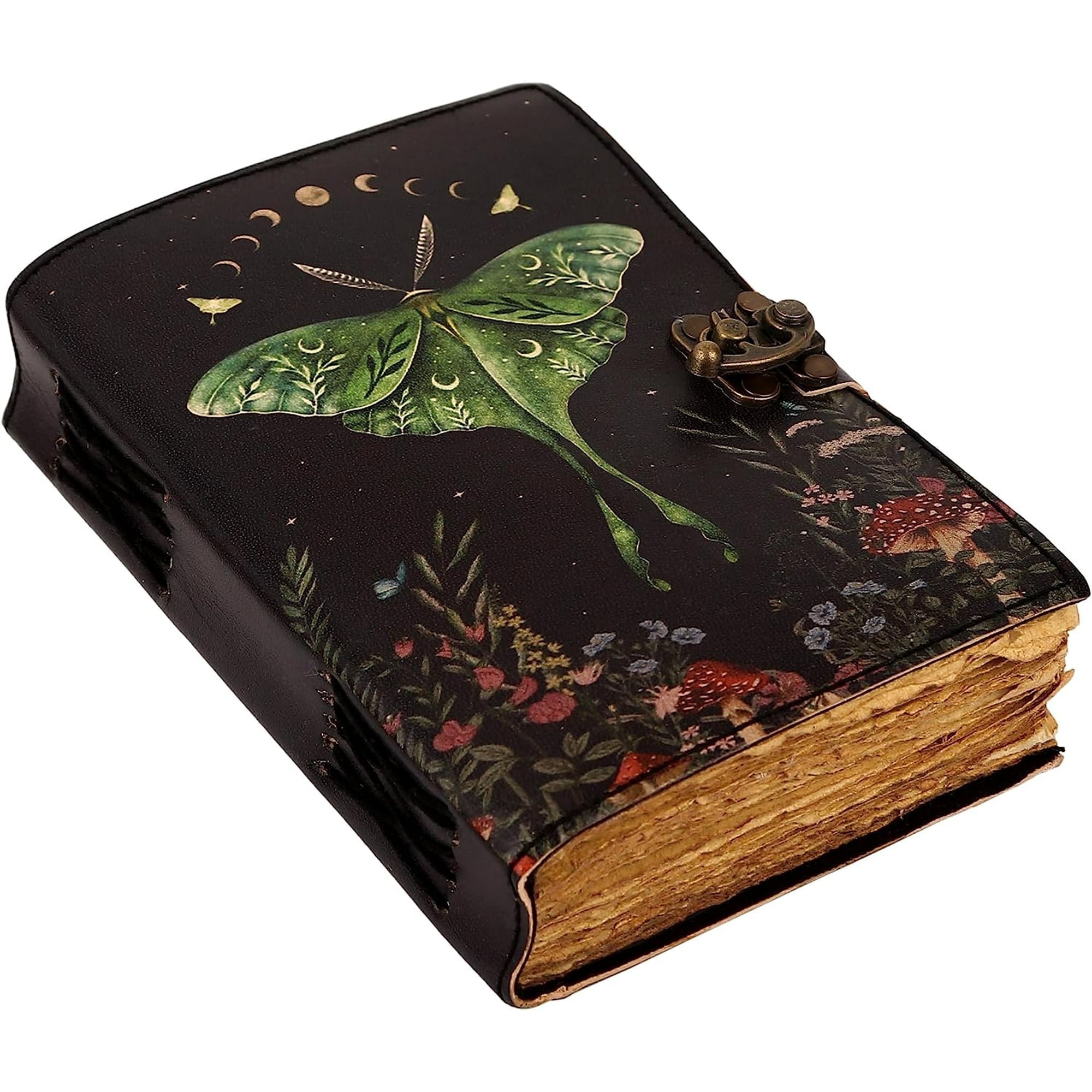 Blank Spell Book of Shadows Journal with Lock Clasp Vintage Handmade Leather Luna Moths and Morpho Butterfly Print Diary Prayer Pagan Witchcraft Supplies Wiccan Decor Notebook Daily (8X6 inch)