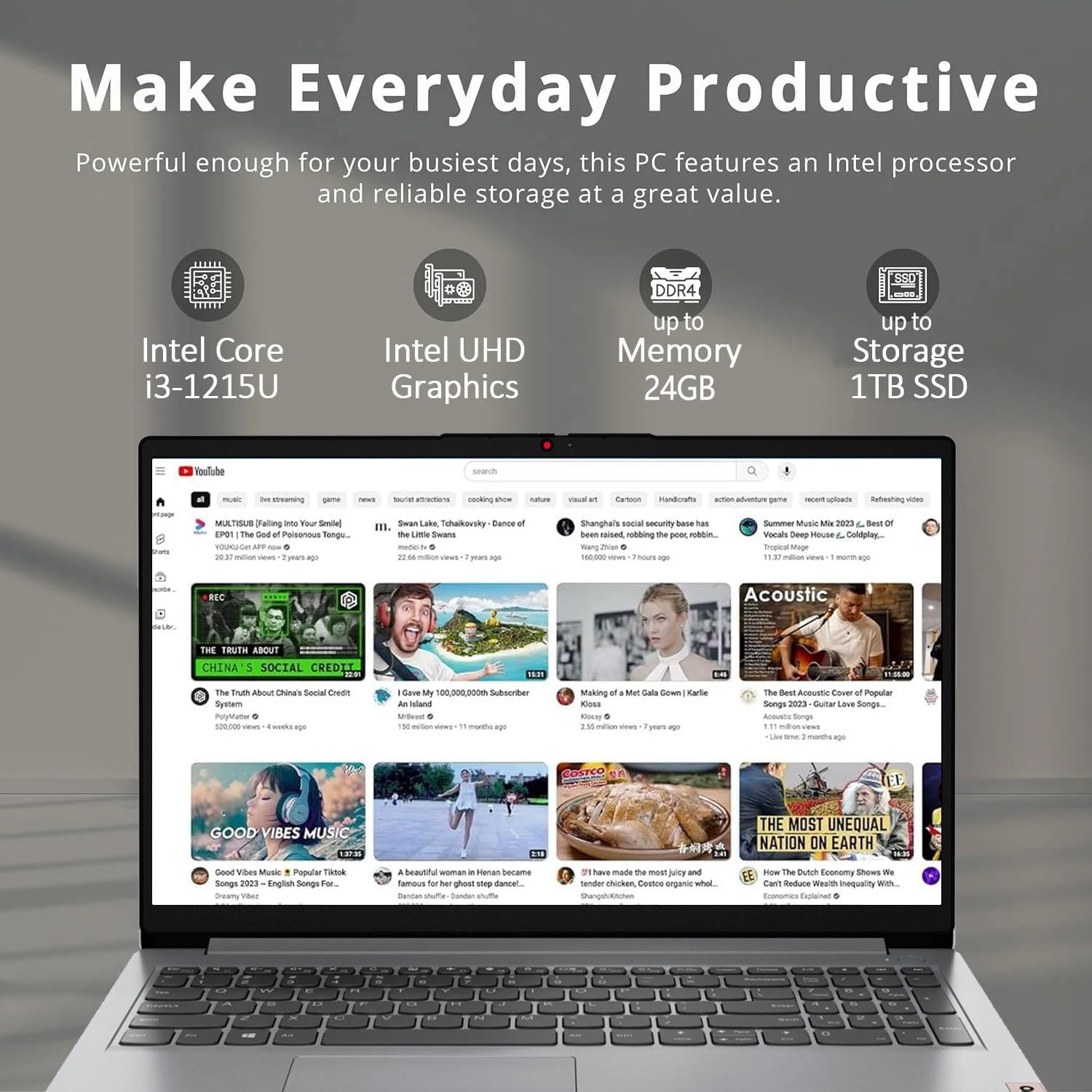Lenovo IdeaPad 1 15.6" FHD Laptop, 15.6" FHD Touchscreen, Intel Core i3-1215U, 16GB RAM, 1TB SSD, SD Card Reader, HDMI, Webcam, Wi-Fi 6, Windows 11 Home, Grey