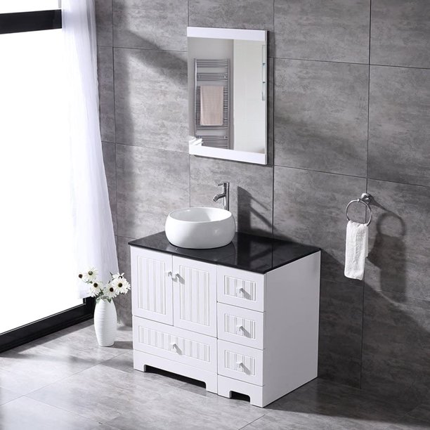 36" White Bathroom Glass Top Standard Vanity and