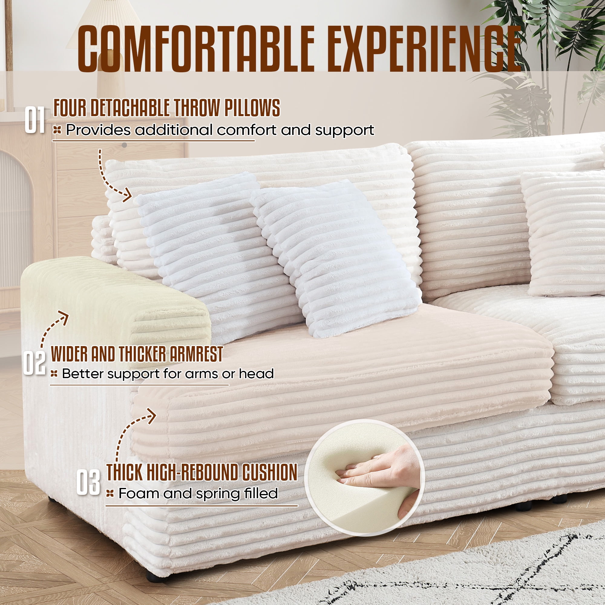 Dinosisco Corduroy Sofa Couch, Upholstered 3-Seater Deep Seat Couch for Living Room, White