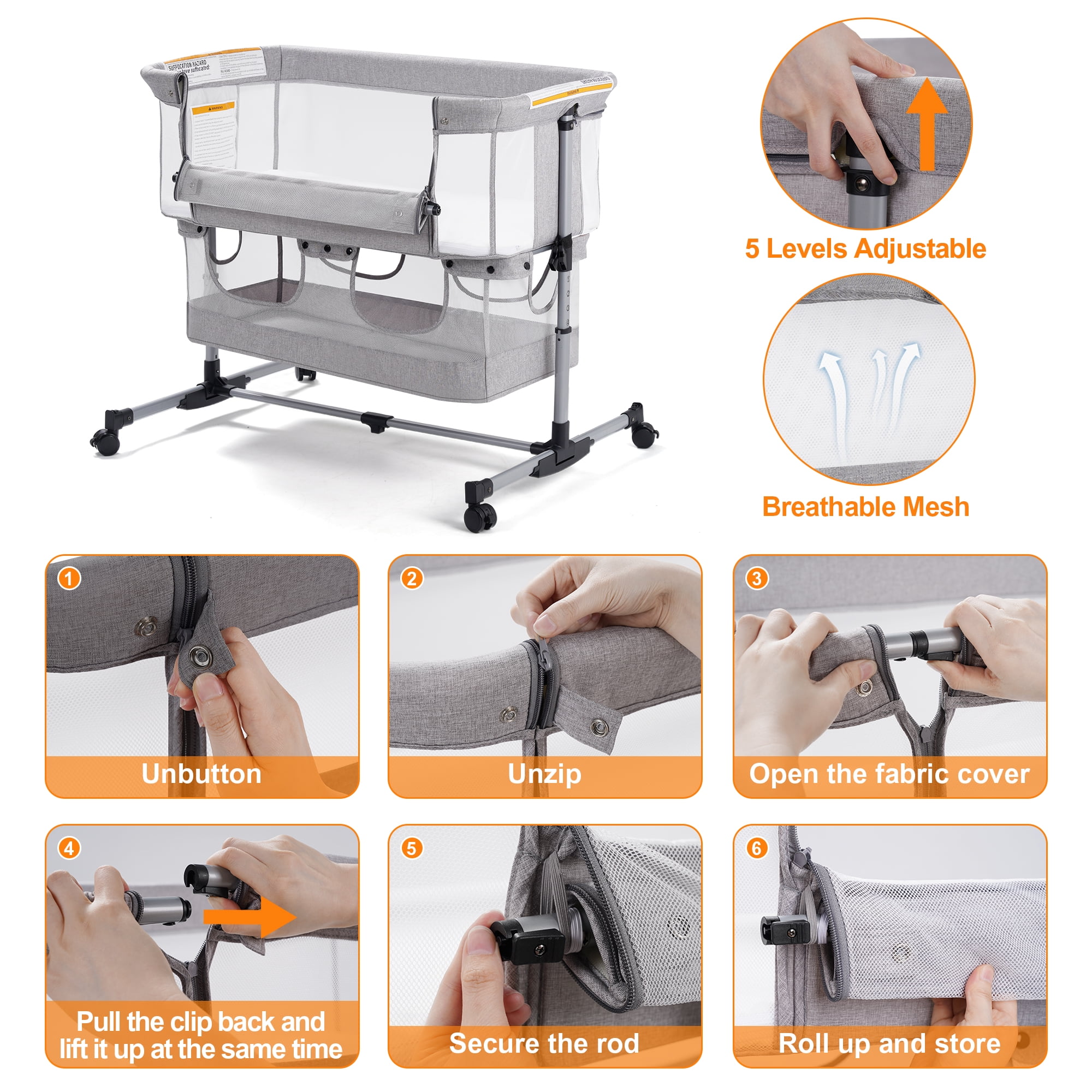 Vomeast Baby Bassinet Bedside Sleeper with Wheels, Adjustable Height, Storage Basket, Mosquito Net for Newborns Infants, Light Gray