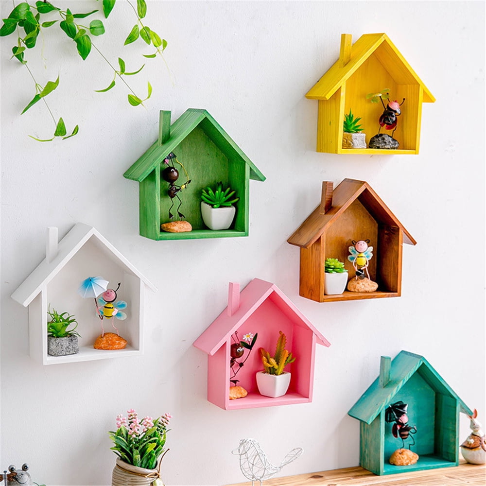 Creative Wooden Small House Decoration Retro Color Storage Wall Frame Children Room Gift Wall Decoration Wall Decoration Shelf - Walmart.com