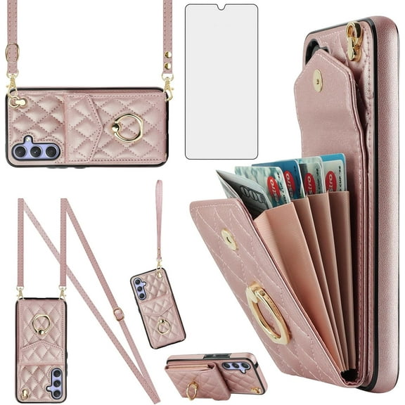 MYKOMI Phone Case for Samsung Galaxy A14/M14 5G Wallet Cover with HD Screen Protector and Crossbody Wrist Strap Ring RFID Blocking Card Holder Leather Cell A 14 4G 14A 14M G5 Women Rose Gold