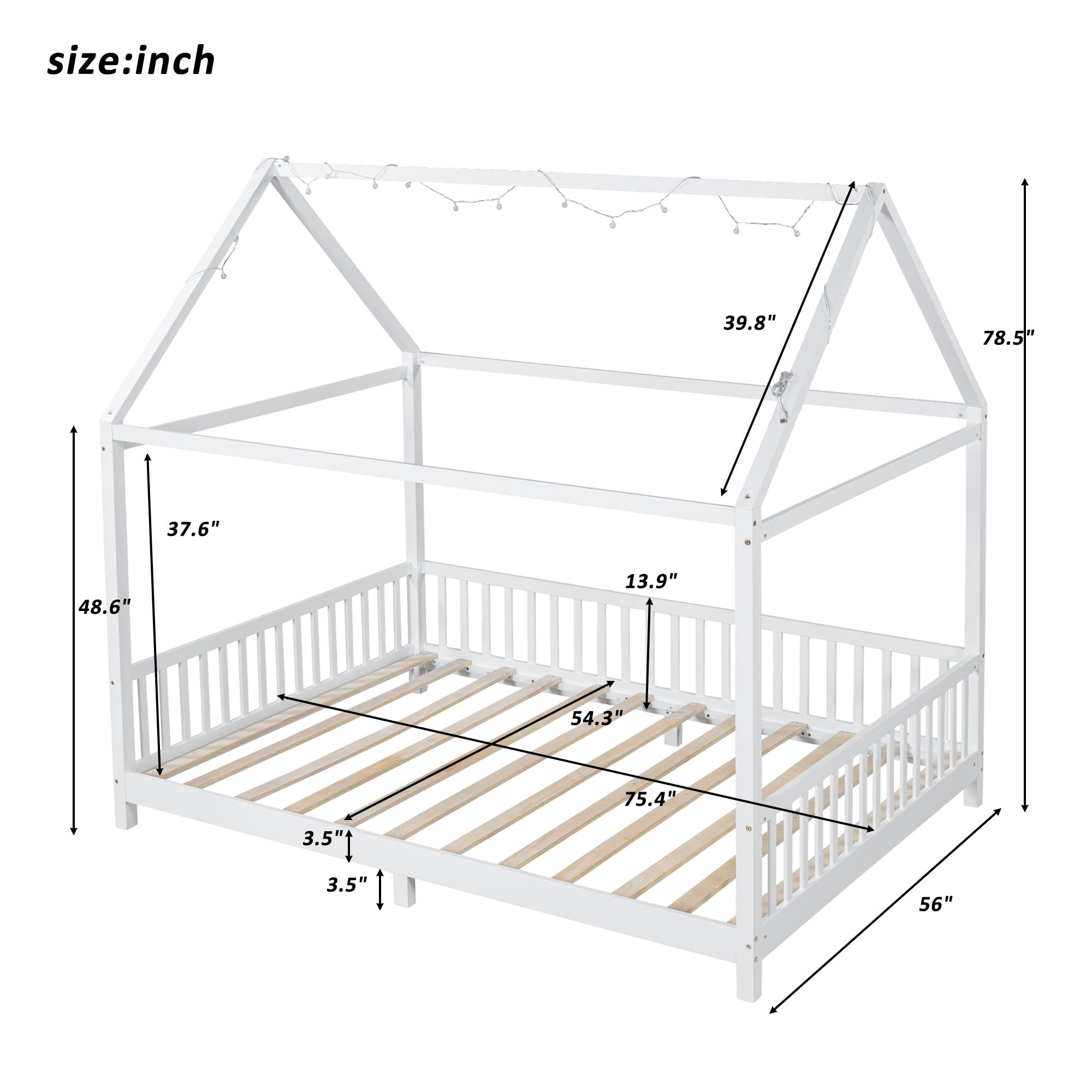 Solid and Stable Wood Full Size House Bed with Guardrail and Led (White)