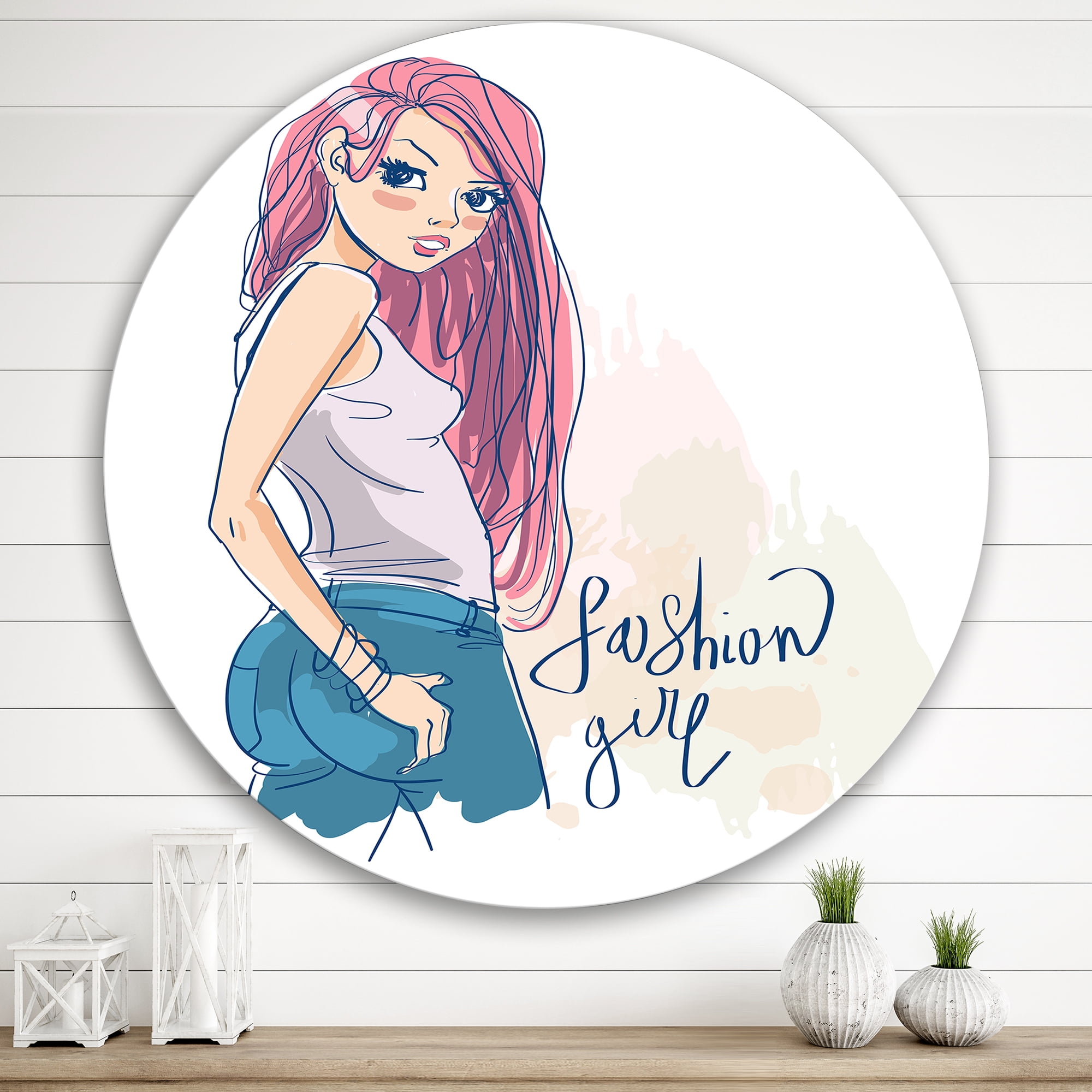 Designart 'Trendy Fashion Woman I' Children's Art Circle Metal Wall Art 36x36 - Disc of 36