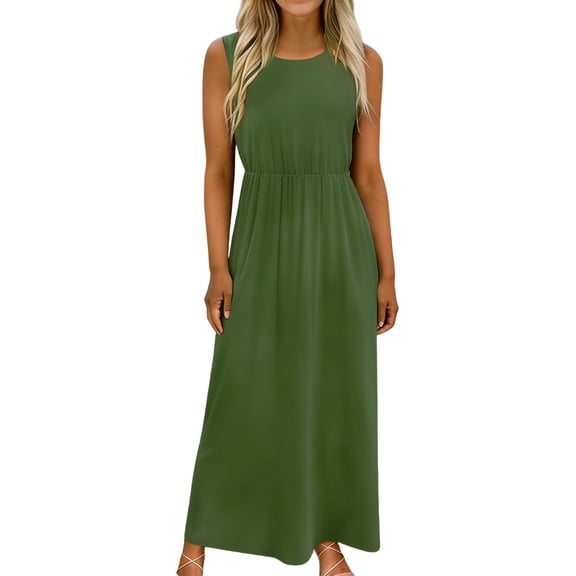 DeHolifer Summer Maxi Dresses for Women,Sleeveless A Line Flowy Long Dress, Breathable Summer Beach Vacation Outfits Army Green 2XL