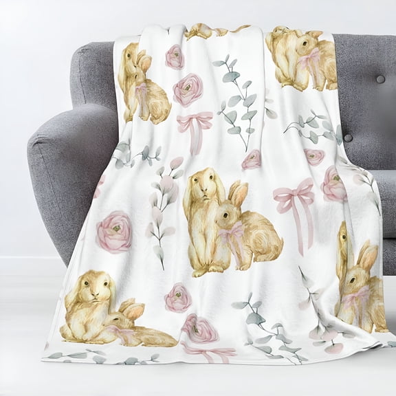 AUQ Luxury Plush Easter Blanket Cute Bunny Pink Bud Bow Tie Eucalyptus Leaves Throw Blanket for Couch,Lightweight Soft and Warm Throws Blankets for Sofa Bed Living Room in Spring