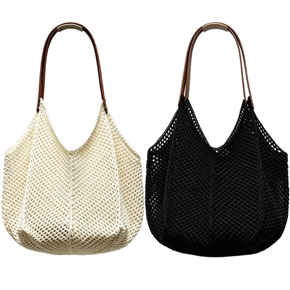 2 Pack Women's Woven Tote Bag, Large Crochet Beach Bag with Faux Leather Handles, Boho Summer Shoulder Purse for Vacation, Grocery and Daily Use