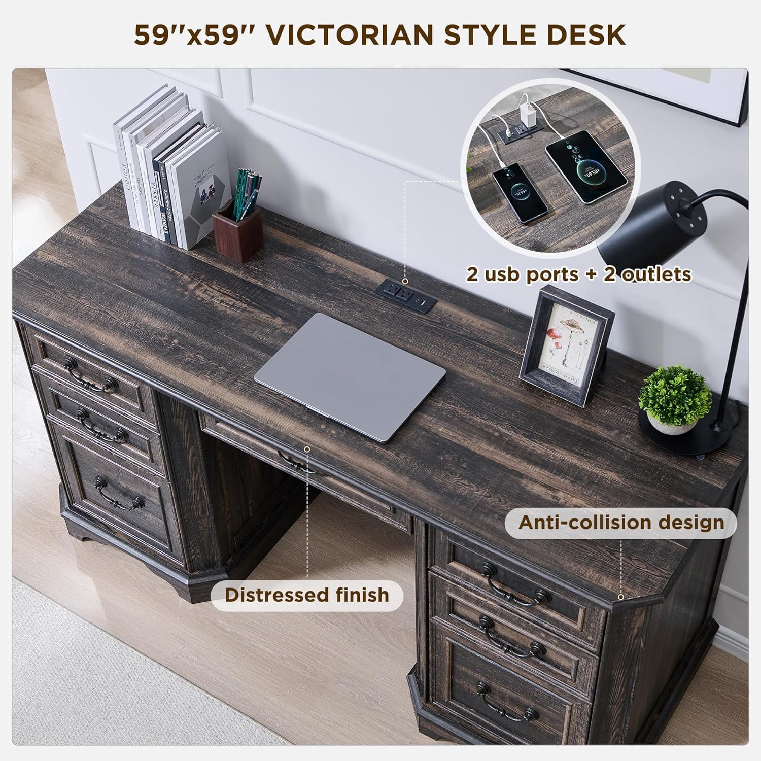 OKD 59" Farmhouse Office Desk，Rustic Desk - Engineered Wood，Corner Desk Charging Station，File drawer，For Study & Living Room Use