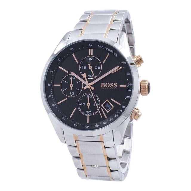 reloj hugo boss grand prix 1513473 de acero inoxidable para hombre negro con esfera negra y subesferas de cronógrafo; caja y brazalete de acero plateado con eslabones centrales en tono dorado rosado, corona y pulsadores dorados, taquímetro en bisel y ventana de fecha a las 4. También suele usarse como accesorio de estilo para motos y equipo de conductor por su diseño deportivo.