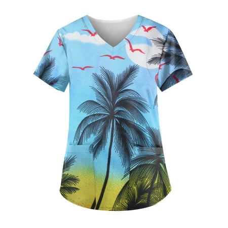 

Apepal Women Print Short Sleeve V-Neck Scrub Tops Working T-shirt