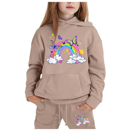 Girls Sweatshirt Set Hooded 2PC Long Hoodies for Boys Multicolor Rainbow Pattern Print Kids Pullover for 2-13 Years Outfits Sweatsuit(110 3-4 Years Khaki)