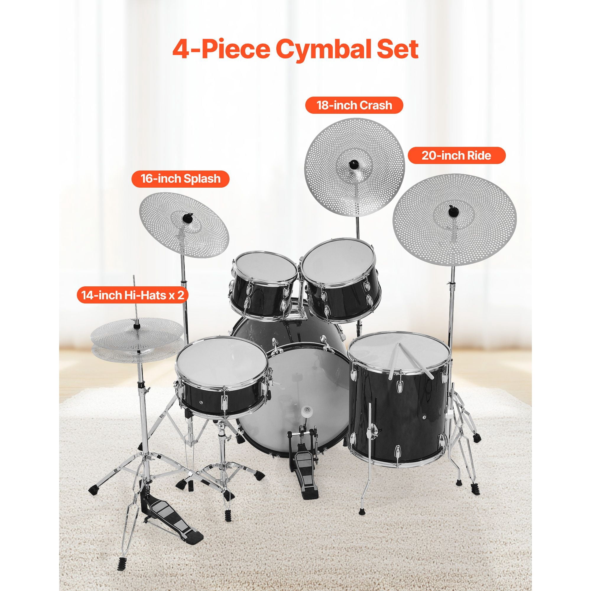 4-Piece Low Volume Cymbal Pack for Drum Set, Quiet Alloy Cymbals with 14-inch Hi-Hat, 16-inch Crash, 18-inch Crash, 20-inch Ride, Includes Drumsticks and Carry Bag for Practice or Performance