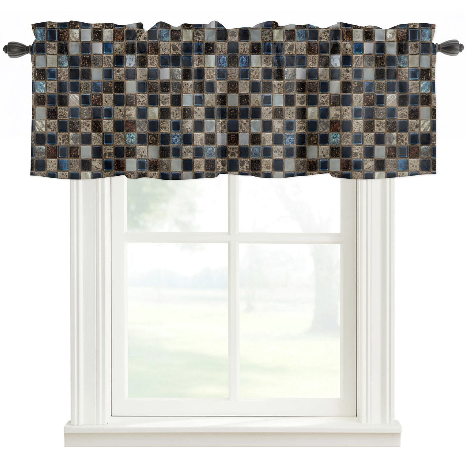 Mosaic Grid Valances for Windows Farmhouse Kitchen Curtains Valances Rod Pocket Valance Curtains Brown Black Checkered Abstract Plaid Modern Art Window Valances for Bathroom Bedroom 60 x18