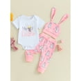 thumbnail image 3 of Yunliwuli Baby Girls Easter Pants Sets Short Sleeve Letter Print Romper Bunny Print Pants Hat Sets, 3 of 10