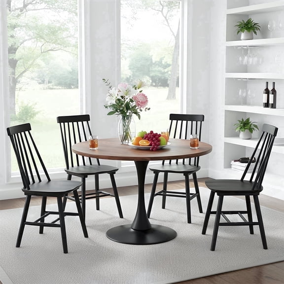 Farmhouse Wood Dining Chairs Set of 4, Windsor Spindle Back Chair for Kitchen & Dining Room, Black