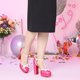 thumbnail image 2 of De mujer Plataforma Lazo T Correa Tacones gruesos Salón Rosa caliente 41, 2 of 7