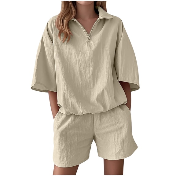 CQONEPT 2 Piece Outfits for Womens Casual Short Sleeved Two piece Set Clothes Solid Color Shorts with Pockets Beige L