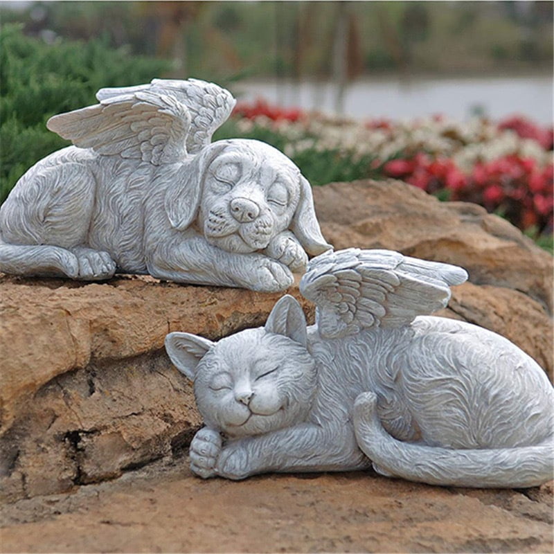 Qians Dog and Cat Angel Pet Memorial Grave Marker Statue Resin Sleeping Angel Dog and Cat with Wings Garden Statues Cat and Dog Statue Memorial Ornament Garden Decor Outdoor unusual