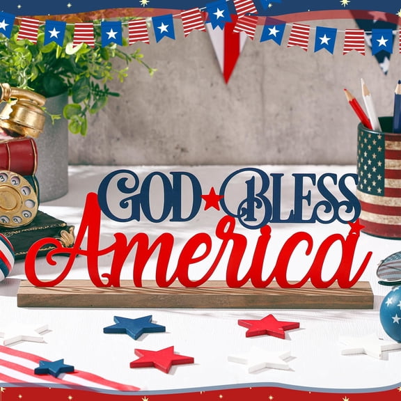God Bless America Sign, Patriotic Table Decor with Metal Letters and Wooden Base, Americana Home Decor, Rustic Fourth of July Decorations for Home, Memorial Day and Veterans Day Centerpiece, 11.8 x 4
