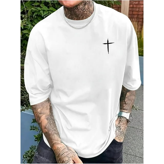 Simple Cross Logo Pattern Print, Men's Summer & Spring Casual Short Sleeve Round Neck Versatile Outdoor T-shirt For Daily Wear Tee For Adult, Men, Women, Teen, Teenager, Adolescent, Youth