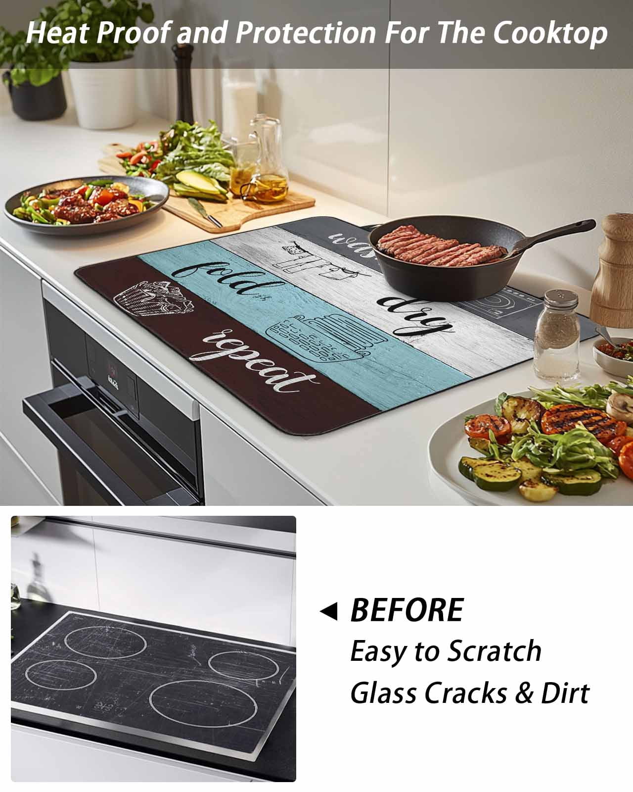 Stove Top Covers for Electric Stove, Laundry Room Glass Stovetop Cover Protector, Wash Dry Fold Repeat Splicing Colorful Wood Induction Cooktop Protector Oven Mat for Kitchen Countertop 24"x21"
