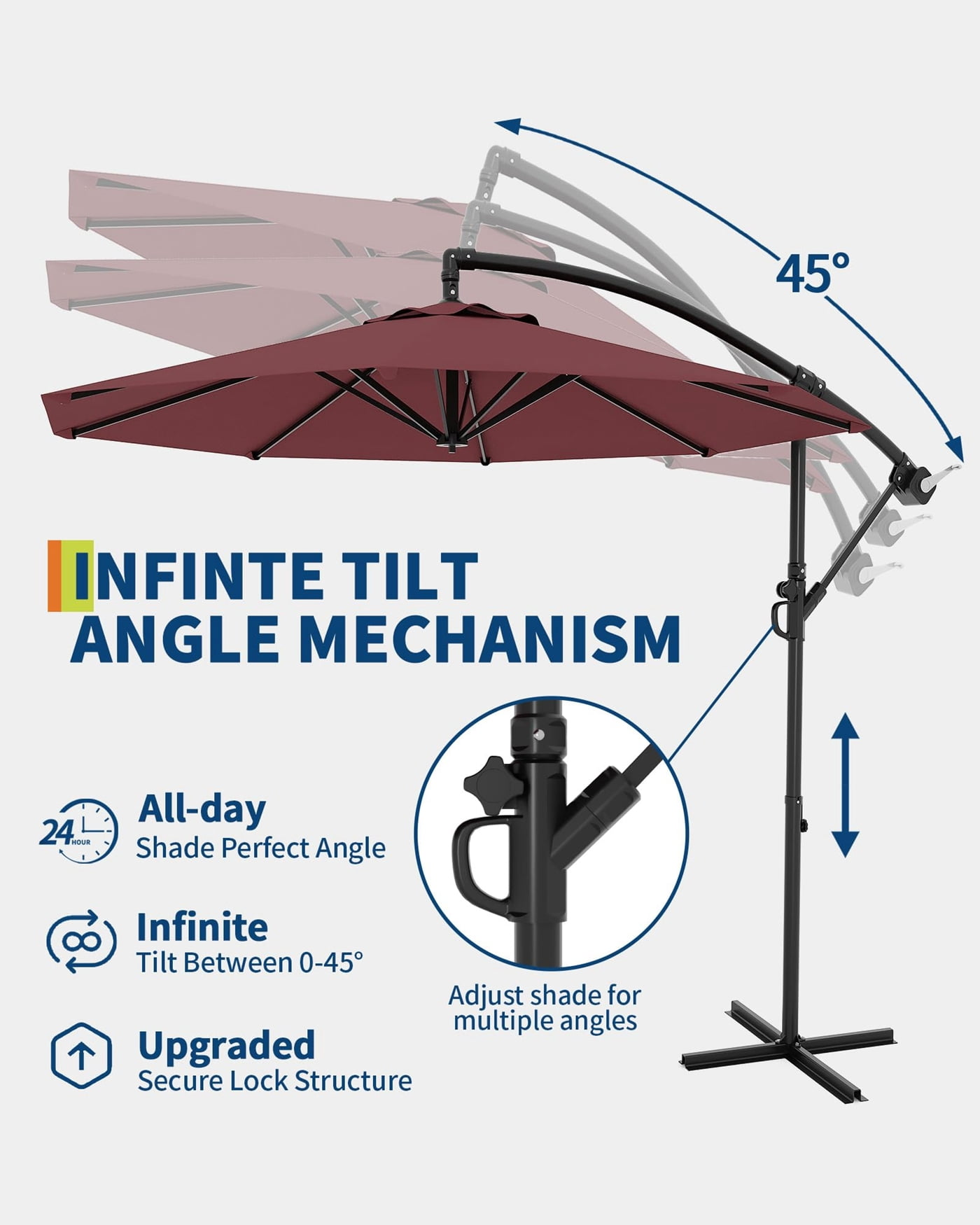 Arigeas 10FT Cantilever Umbrella with Cross Base, Outdoor Offset Patio Umbrella with Tilt and Crank Lift