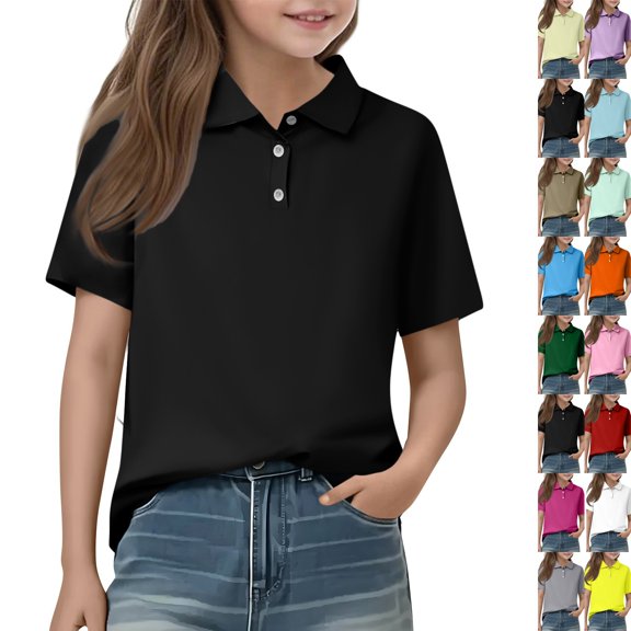 Girls Short Sleeve Polo Shirts Cotton Collared School Uniform Golf Pique Shirt Button Casual Tops,Black,7-8 Years