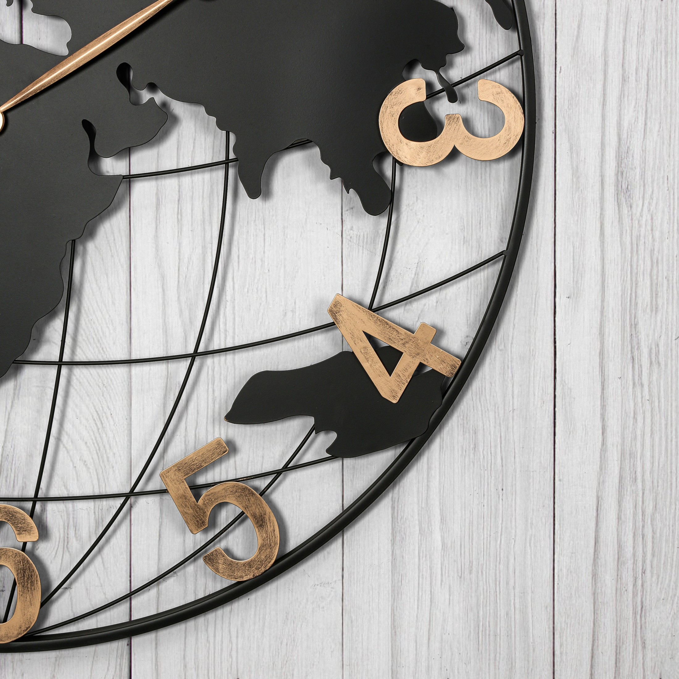 Noble House Large Black Metal World Map Wall Clock, Silent Design with Vintage Gold Arabic Numerals, Modern Decorative Clock, Black + Gold