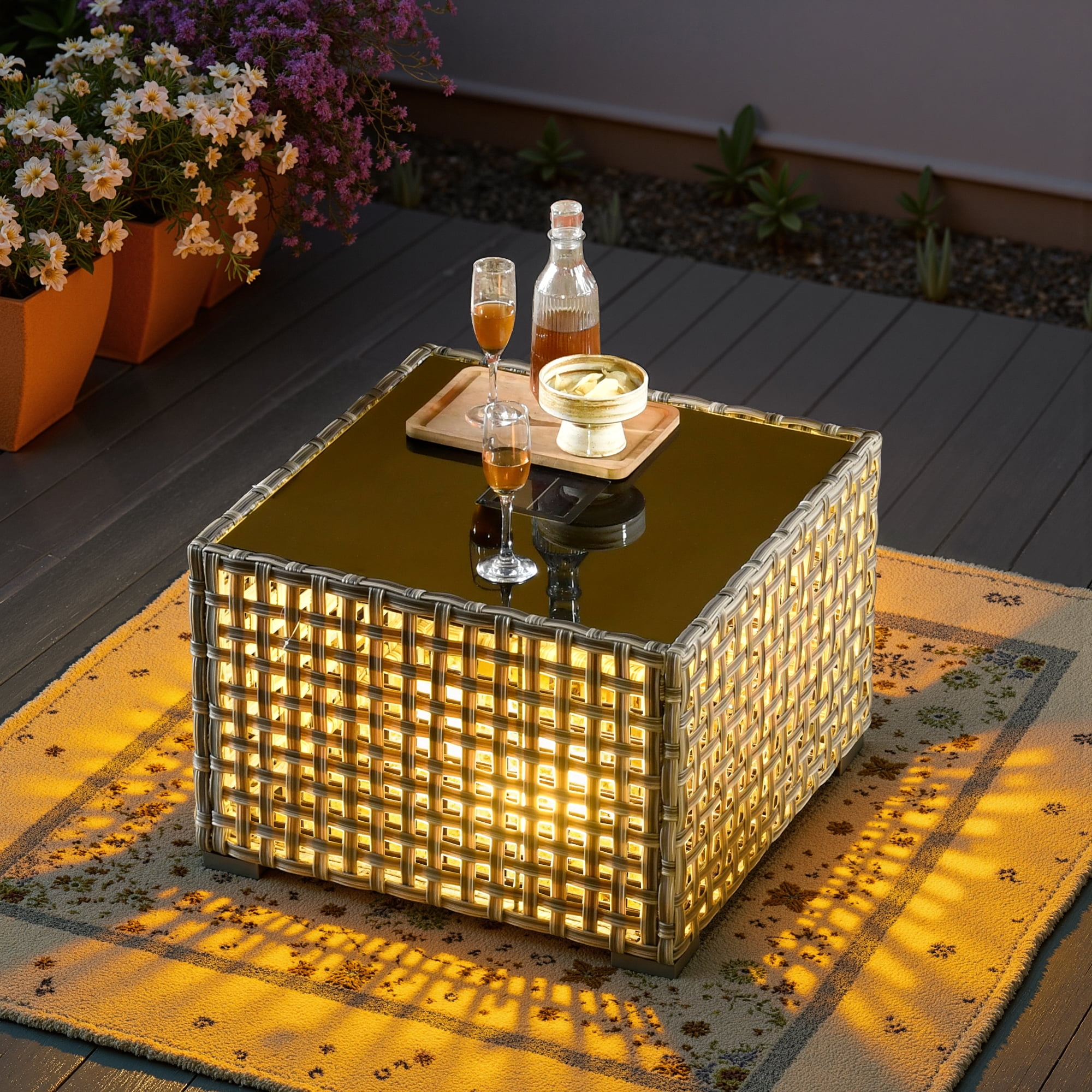 Toject Patio Furniture 8 Pieces All Weather Wicker Patio Conversation Set with Solar Powered Coffee Table Outside Furniture Outdoor Sectional with Swivel Chairs for Backyard, Navy Blue