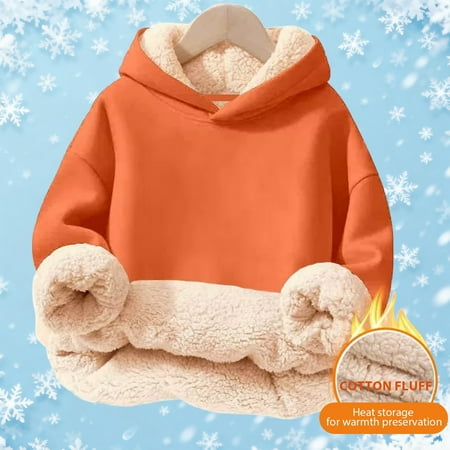 ZHOGXU Girls Plush Hooded Sweatshirt Soft Lined Pullover Cozy Warm Kids Jacket Top For Cold Weather Outdoor Play Orange 7-8 Years