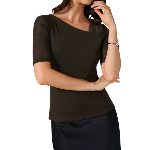 Camiseta básica ajustada de color sólido de media manga para mujer INSPIRE CHIC, camiseta casual ceñida XL color café