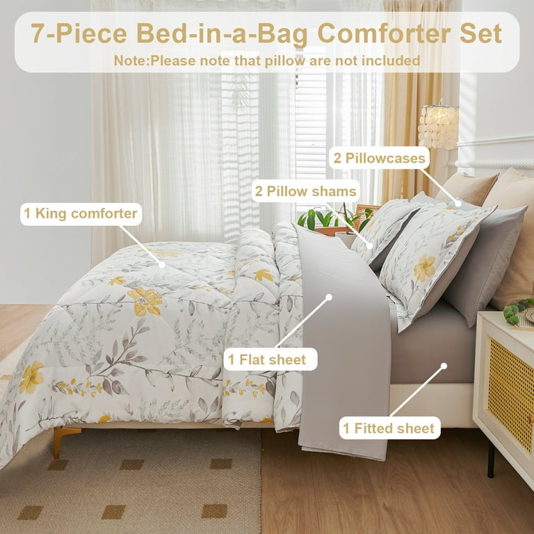 Jessy Home King Comforter Set 7 Pieces, Yellow Floral Bedding
