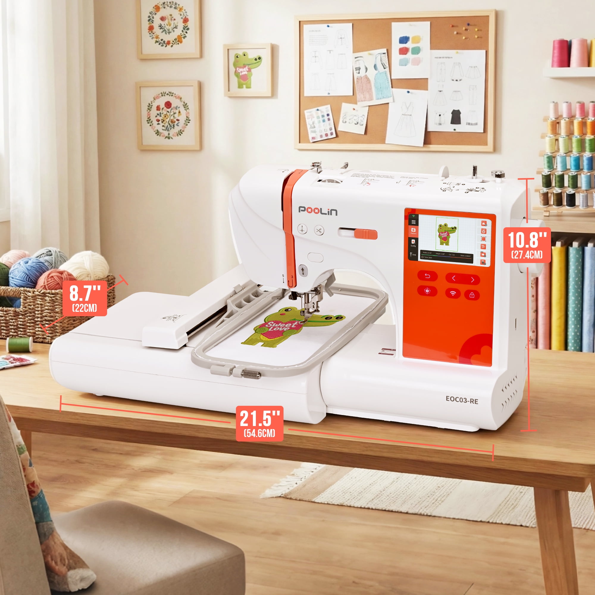Poolin EOC03RE Embroidery Machine 4x9.25" Large Area, 4.3" Touch Screen, Wifi Connectivity with embroidery Kit