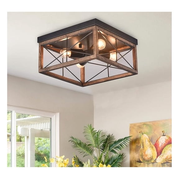 4-Light Rustic Wood Flush Mount Ceiling Light Metal Square Cage Farmhouse Lighting Close to Ceiling Light Fixture Black for Dining Room Bedroom Living Room Kitchen Hallway Entryway Foyer