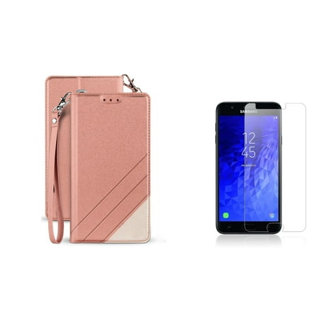 Synthetic Pink Star BC Synthetic PU Leather Magnetic Flip Cover Wallet Case (Rose Pink) with Tempered Glass Screen Protector and Atom Cloth for Samsung Galaxy J7 Star (T-Mobile) ()