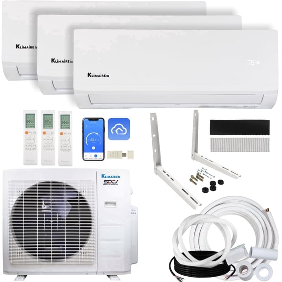 Klimaire 19,000 BTU Hyper Heat 3-Zone 21 SEER2 Heat Pump Wall Mounted Mini Split Heat Pump System w/ All Inclusive Installation Kits (6,000 BTU   6,000 BTU   6,000 BTU) - R454B