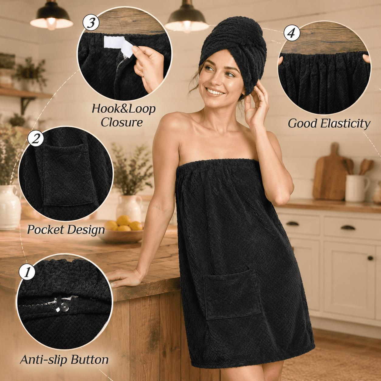 4 Set M Spa Towel Wrap For Women Waffle Robe With Cap Black - Walmart.com