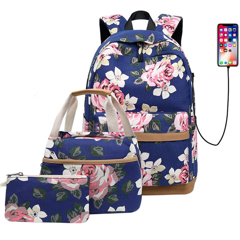 Kepooman 3Pcs Women' s Flower Prints Backpack with Lunch Box Pencil Case, Ladies Laptop School Bookbag Set for Outdoor Shopping Hiking, Blue Kepooman 3Pcs Women' s Flower Prints Backpack with Lunch Box Pencil Case, Ladies Laptop School Bookbag Set for Outdoor Shopping Hiking, Blue