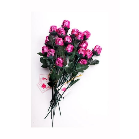 Sweetheart Roses Block - Fine Milk Chocolate Pink Sweetheart Roses With green Stem & Leaves, Pink Foiled - Bouquet of 6 Roses from Madelaine Chocolate