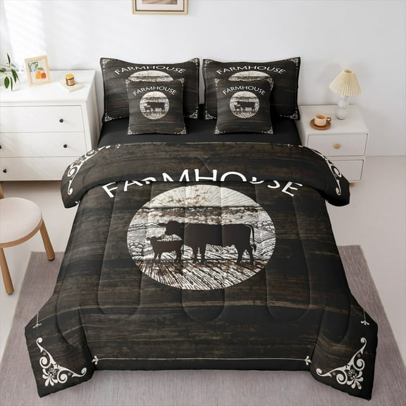 Manfei Rustic Farmhouse Cattle 7-Piece Twin Bedding Sets,Old Barn Door Bedding Comforter Set,Farm Animal Cow Sheet Sets For Child,Ultra Soft Home Decor Reversible