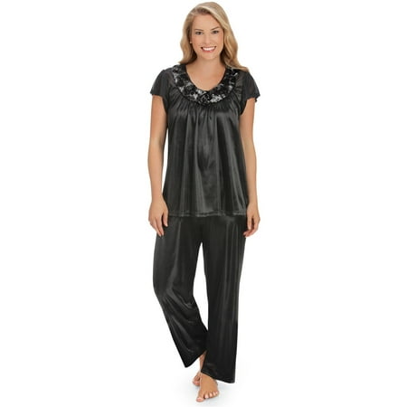 Women's Rose Trim Short Sleeve Pajama Set, Large, Black