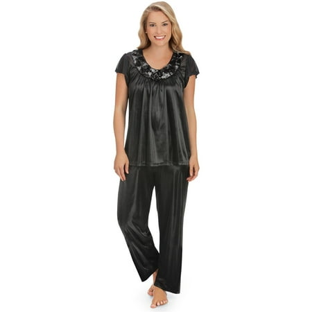 Women's Rose Trim Short Sleeve Pajama Set, Large,